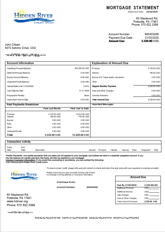 USA Pennsylvania Hidden River Credit Union  mortgage statement in Word and PDF formats